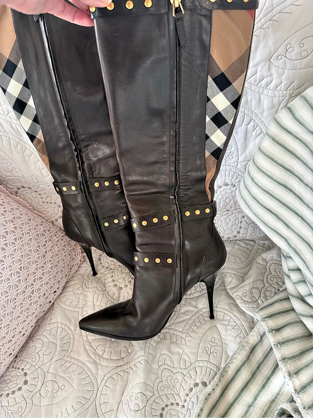 Burberry Studded Buckle Heeled Boots Brown EU 40